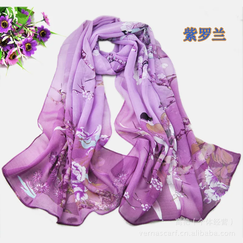 Китайский стиль, сорока, весна, шифон шарфы, шелковый шарф ханьчжоу завод, солнцезащитный крем, высокое качество, тонкие женские шарфы - Цвет: 2 violet
