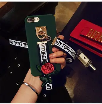 

10pcs/lot Trendy Embroidery Rose Lanyard Solid Matte Hard PC Back Full Cover Case For iPhoneX 8/6s 7plus Skinny Shell Protection