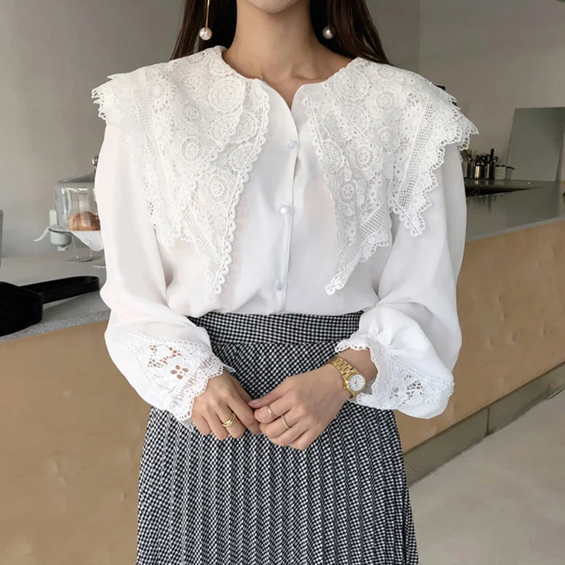 Beautiful White Lace Big Collar Blouse Puff Sleeve Fancy Lady Shirt ...