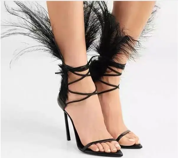 

2019 new high heels pointed toe sandals ankle straps with hollow long feathers sexy party pumps women shoes Europe style 34-42