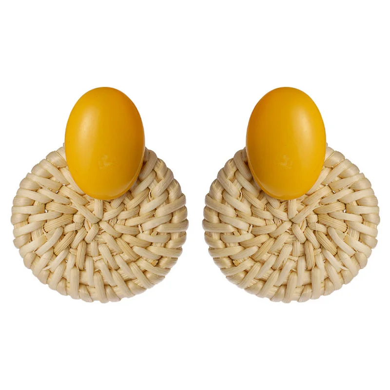

Vintage Summer Handmade Acrylic Oval Stone Wooden Big Hollow Out Round Circle Rattan Straw Weave Drop Earrings for Women Girl