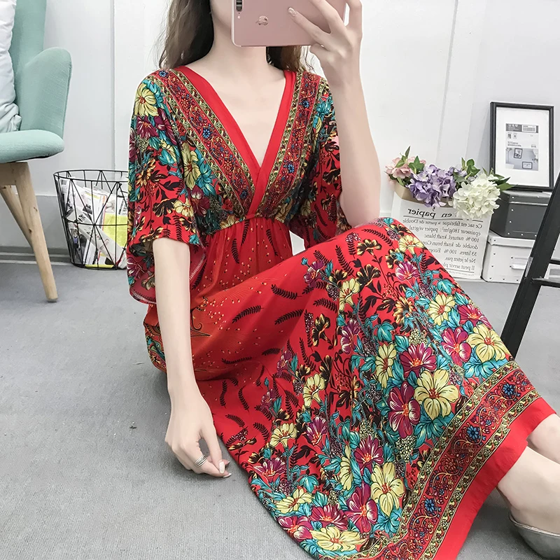 

Vintage Ethnic Style Beach Dress 2019 New Female Summer Seaside Holiday Bohemian Dresses Large Size 4XLslim Dress Vestidos CK915