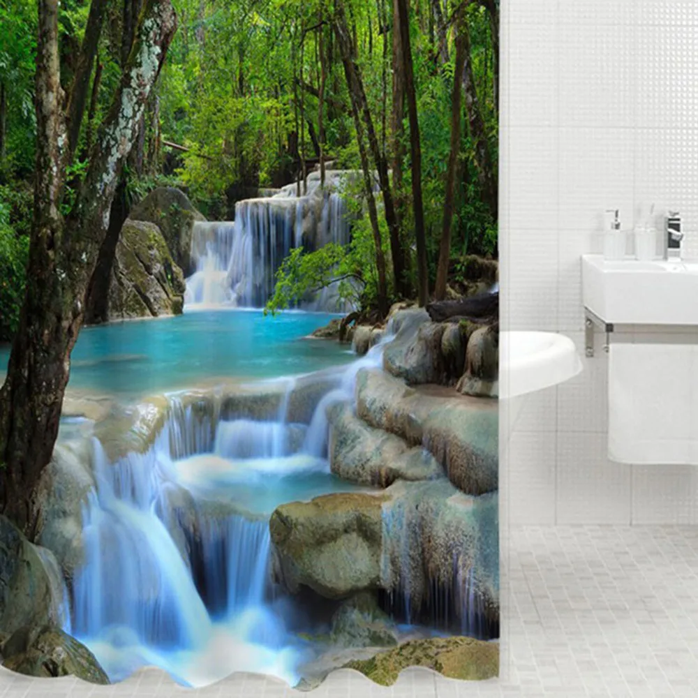 

3D Waterfall Nature Scenery Bath Curtain Water Resistant Shielding Cloth for Bathroom