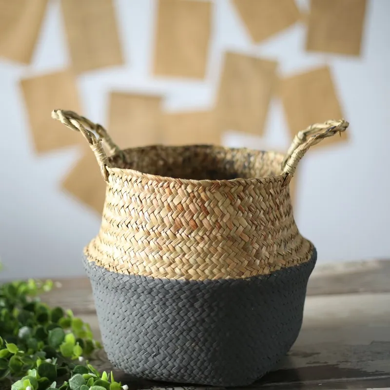 Garden Plant Flower Pot Handmade Rattan Storage Basket Foldable Seagrass Straw Hanging Woven Handle Toy Storage Container 1Pc