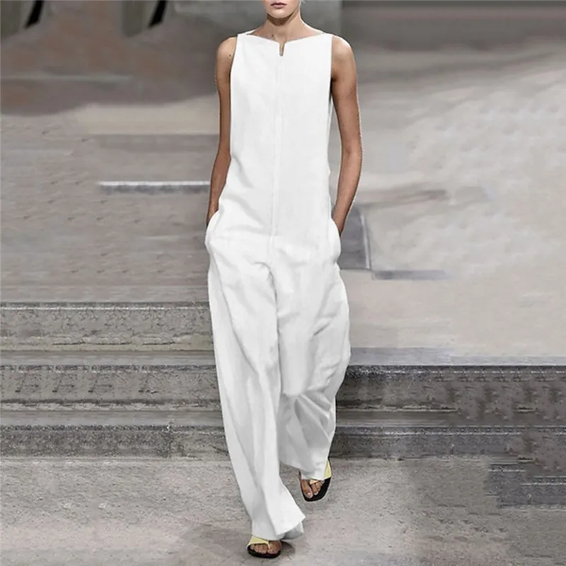 

Fashion Solid Color Loose Cotton Overalls For Women Summer Holiday Casual Sleeveles Jumpsuit Romper Large Size 72#45