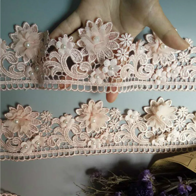 

2 Yard Pink 9cm Pearl 3D Flower Tassel Lace Edge Trim Ribbon Fabric Embroidered Applique Sewing Craft Wedding Dress Clothes New