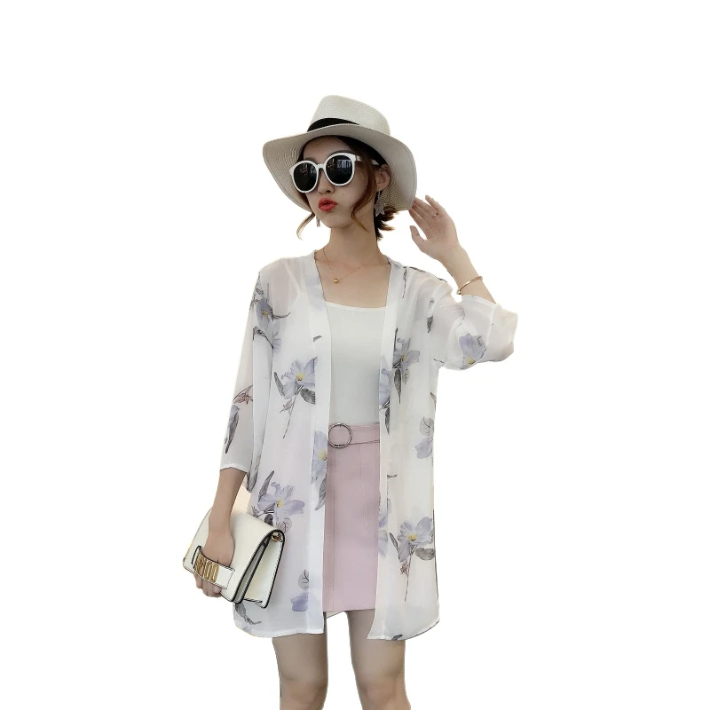 Blusas летние женские кимоно кардиган Повседневная Свободная шифоновая блуза рубашки Бохо с цветочным принтом Длинная Верхняя одежда плюс размер