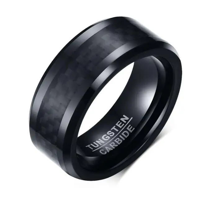 Free Shipping 8mm Black Tungsten Carbide Ring with Black carbon fiber
