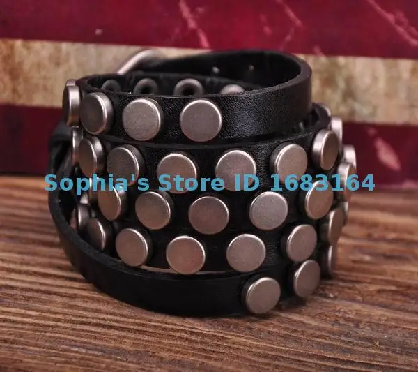 

S317 Black Rock R&B Round Studs Multi 5-Wrap Leather Wristband Bracelet Bangle Mens