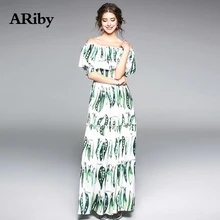 Dress Women Long Maxi One Word Collar Dress 2019 summer New Beach Style Pea Pod Printed Ruffle Slim Temperament A-Line Dress one word collar printing long dress