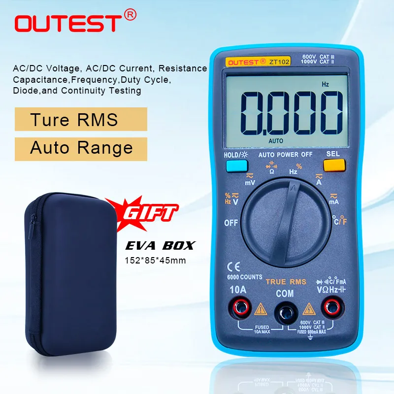 

OUTEST ZT102 Ture RMS Digital Multimeter AC/DC Voltage Current Temperature Ohm Frequency Diode Resistance Capacitance Tester