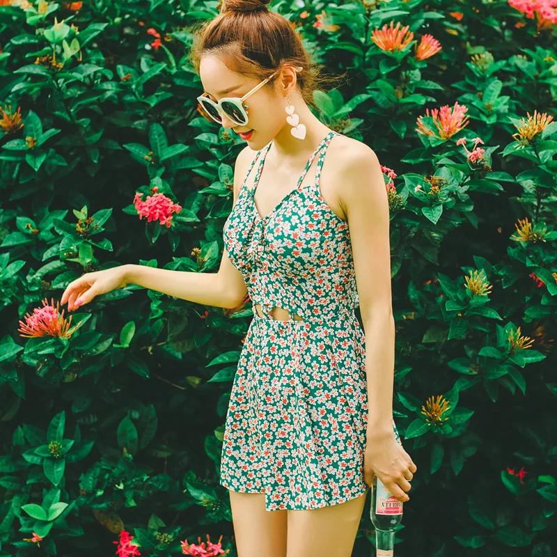 8Summer Beach One Piece Suit Swimwear Floral Print Swimming Sport Green Women Bathing Suit Hollow Out Bandage Sexy Swimsuit