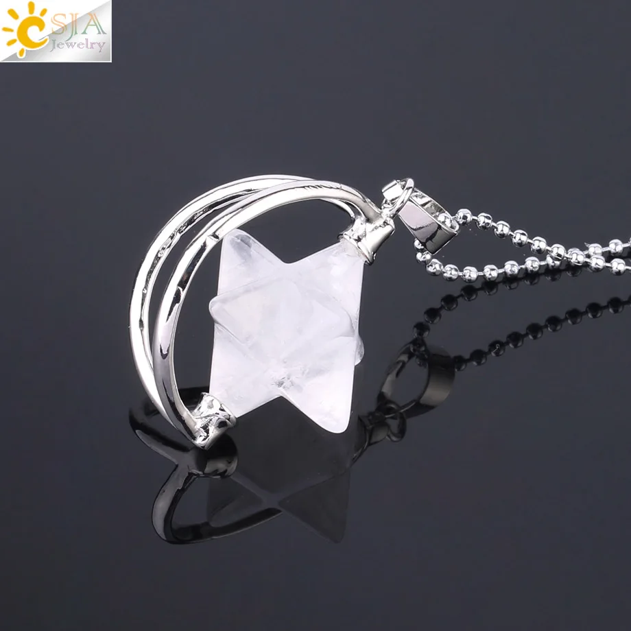 Csja натуральный камень Merkabah кулон медитация ожерелье розовый кристалл лазурит тигровый глаз утонуть энергии ювелирные изделия wicca F633 - Окраска металла: White Crystal