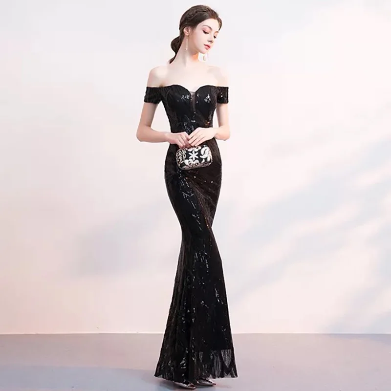 D043 rose gold off the shoulder sequined floor length bodycon long dress