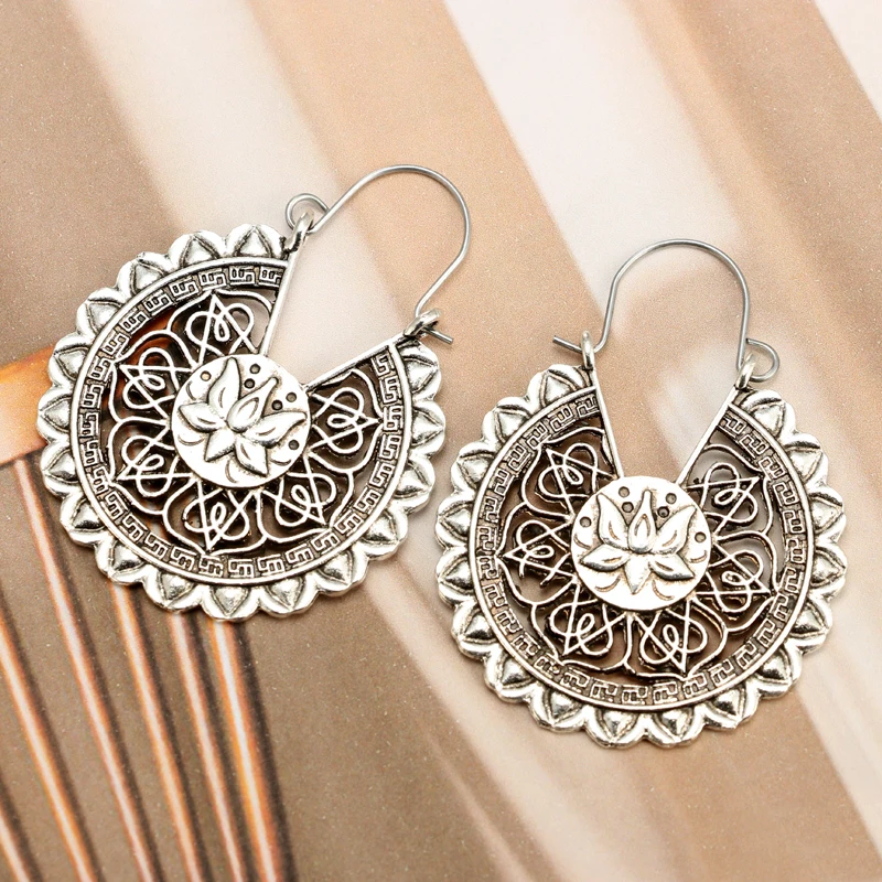 docona Bohemia Tribal Hollow Lotus Flower Drop Earrings for Women Vintage Antique Carved Circle Dangle Earring Pendientes 4495 - Image 3