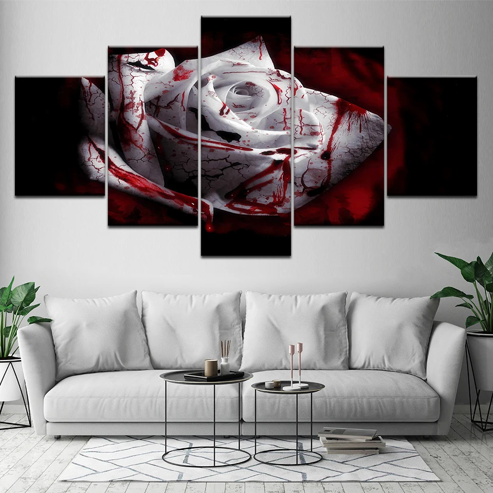 

Artwork Pictures Poster Modular HD Prints 5 Pieces Blood Dark White Rose Flower Painting Decor Living Room Canvas Frame Wall Art