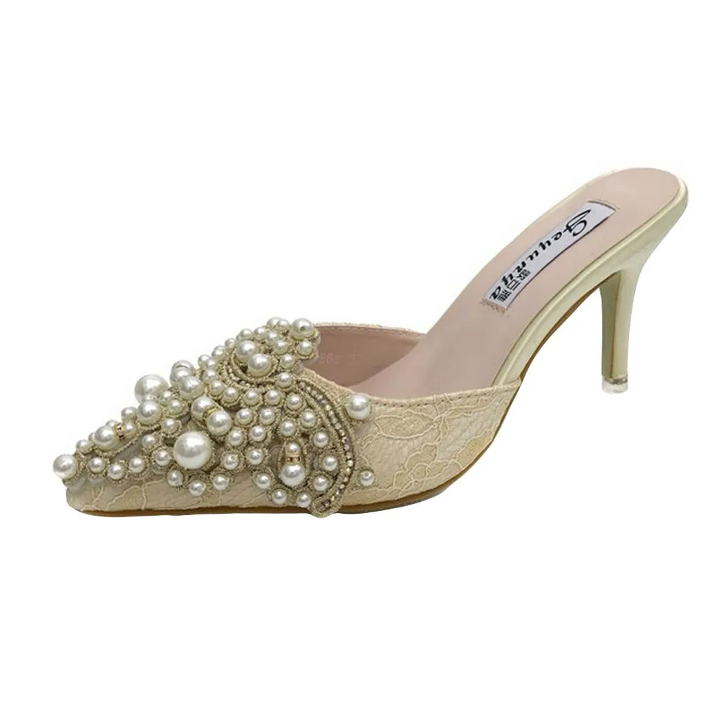 Женская летняя обувь повседневная на высоком каблуке с острым носком и жемчугом