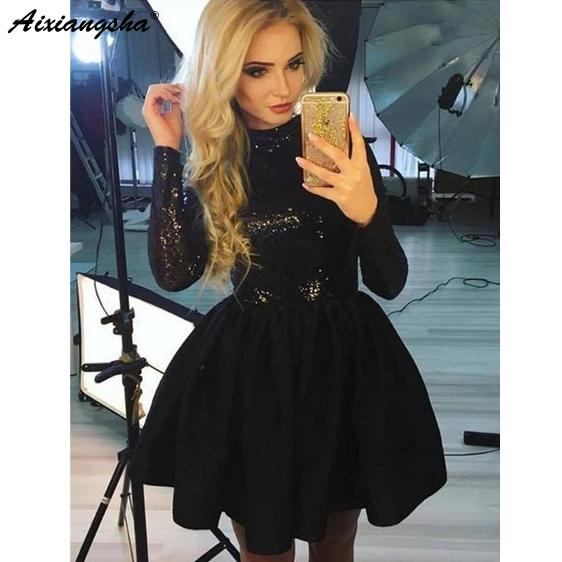 Cute A Line High Neck Long Sleeves Sequins Short Party Prom Dress Homecoming Dresses Little Black Dresses