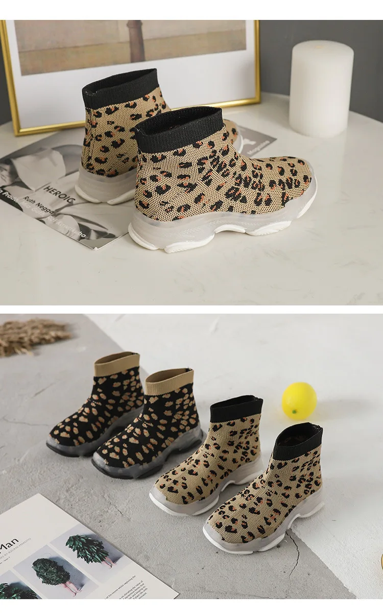Детские носки; обувь для девочек; коллекция года; сезон весна; трикотажные кроссовки для девочек; модная леопардовая обувь на плоской подошве; кроссовки для бега с дышащей сеткой