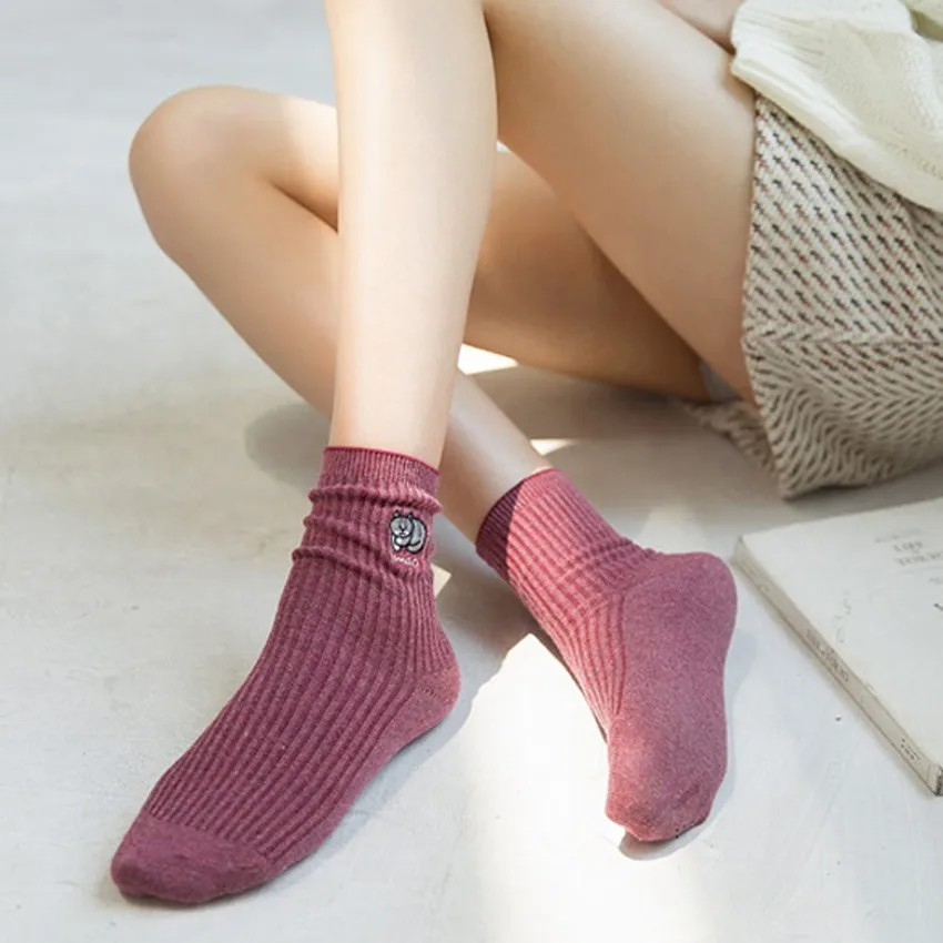 PEONFLY 2018 Autumn Winter New Embroidery Cartoon animal Kitty Socks Woman Fashion Japanese harajuku Double Needle Stripes Socks