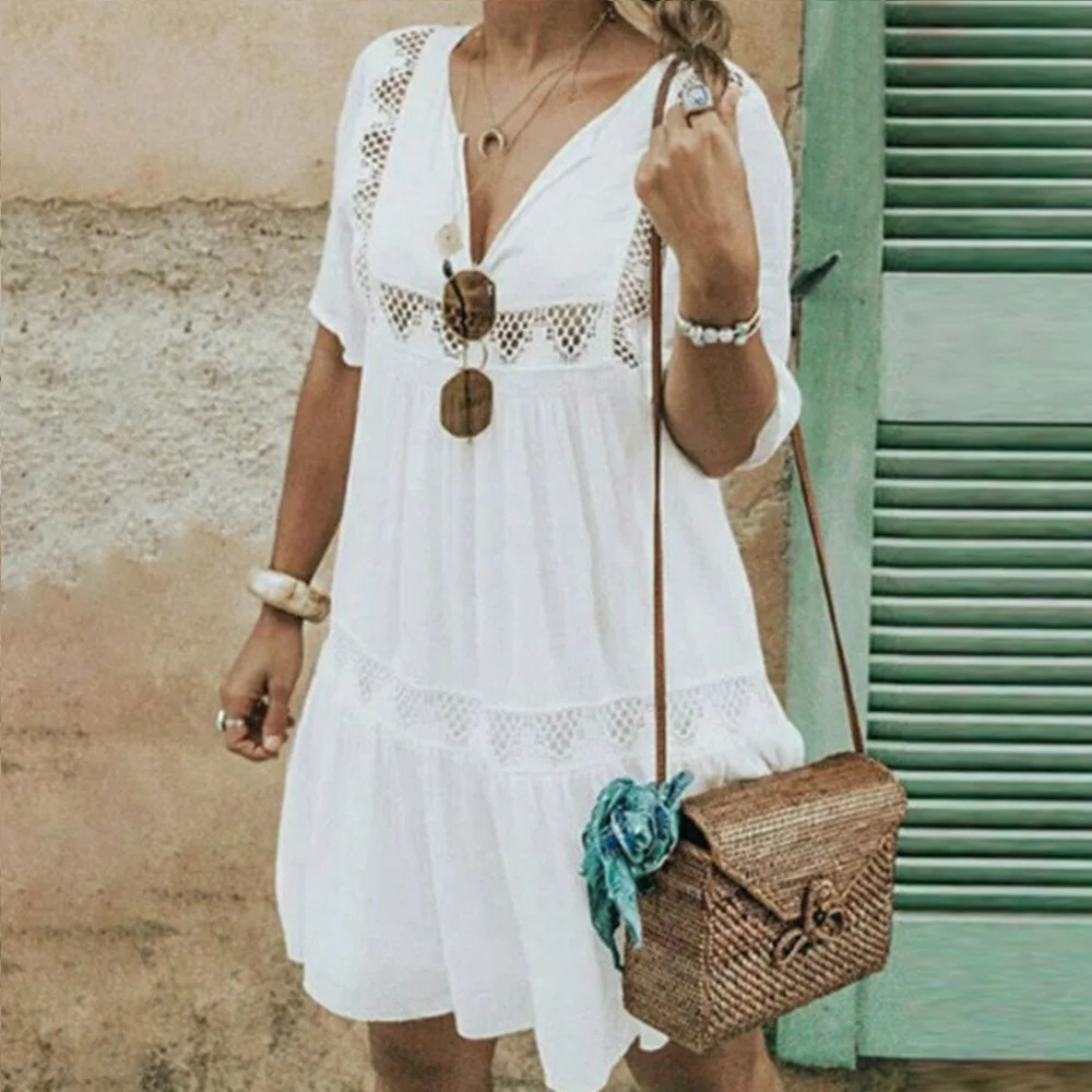 Plus Size S-5XL 2019 Women V-neck Dress Hollow Out Short Sleeve Big Size Mini Dress Summer Female Casual Loose Beach Dresses 