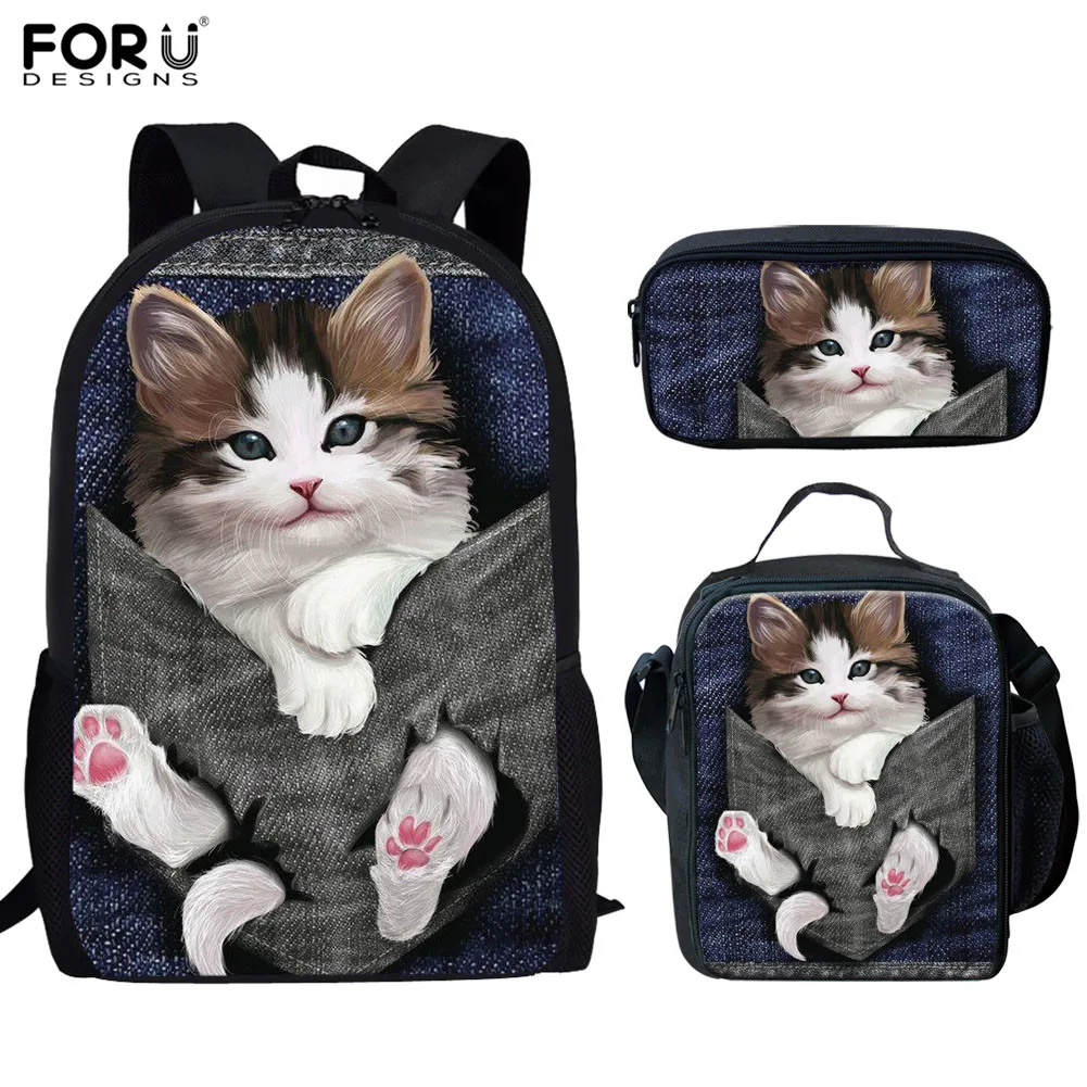 FORUDESIGNS School Bags Student Girls 3pcs 3D Cat Kitty Pattern Orthopedic Satchel Backpack Pencil Book Bag Teenagers Rucksack