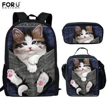 

FORUDESIGNS School Bags Student Girls 3pcs 3D Cat Kitty Pattern Orthopedic Satchel Backpack Pencil Book Bag Teenagers Rucksack