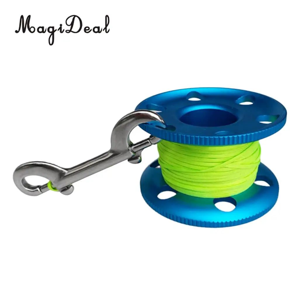 MagiDeal Scuba Diving Aluminium Finger Spool Reel Line Stainless Steel Snap Bolt Clip 20/30/50M Blue Purple Black