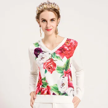 

Runway Designer Fashion Sweater Women's High Quality Poeny Printed Patchwork V Neck White Wool Sweater Casual Pullovers
