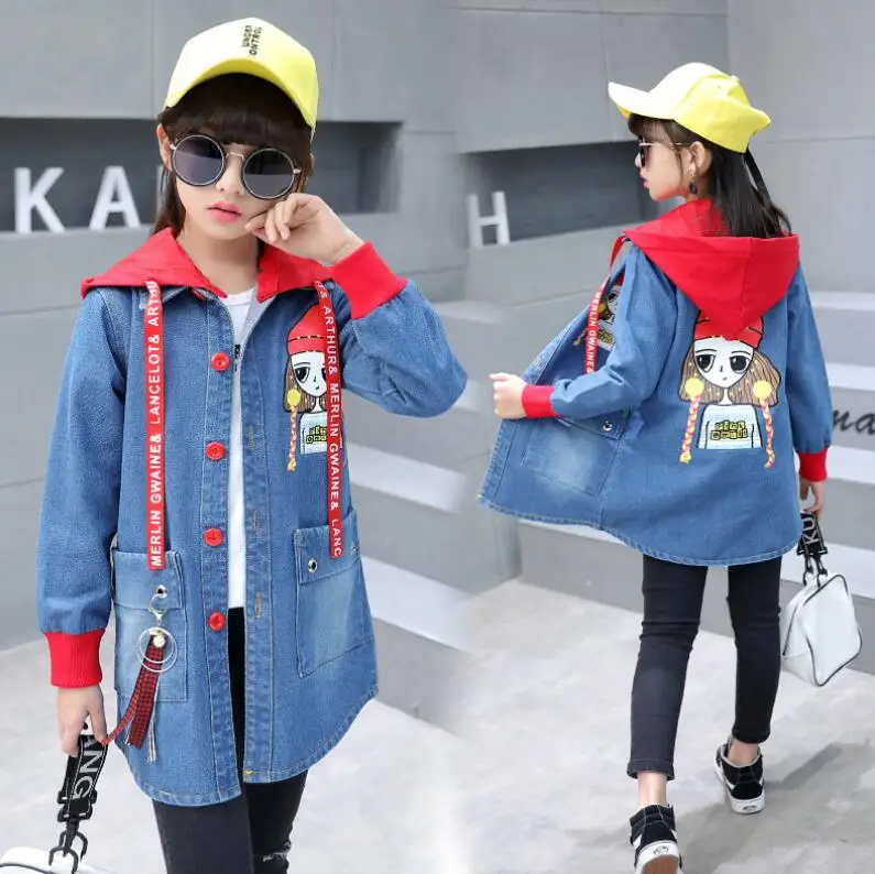 

Fashion Children's Denim Jackets girls Jeans Outerwear Kids Cartoon Long Sleeve Tops Coats for Big Girls Hooded casual clothing