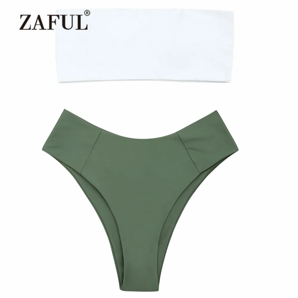  ZAFUL Bikini Two Tone High Cut Bandeau Bikini Set Women's Swimsuits Strapless High Leg Swimwear Col