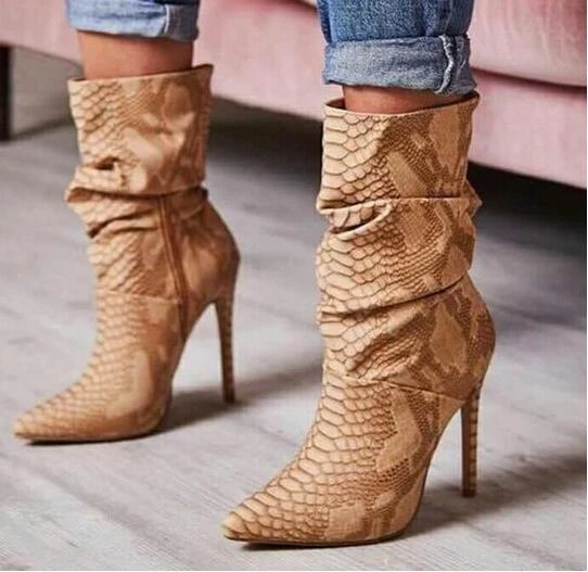 Botines de piel con de piel de serpiente para mujer, botas de tacón alto con punta en pico, botines de piel arrugada, zapatos de moda de talla grande|Botas hasta el tobillo| -