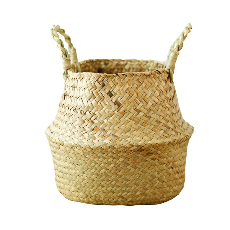 Garden Plant Flower Pot Handmade Rattan Storage Basket Foldable Seagrass Straw Hanging Woven Handle Toy Storage Container 1Pc