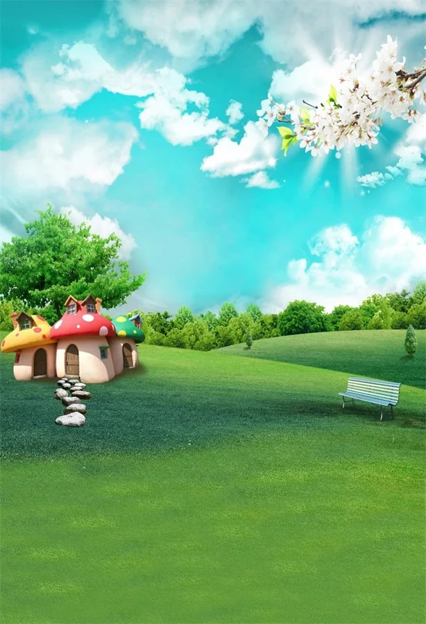 Laeacco Mushroom House Flowers Grassland Dreamy Baby Photographic Backdrops Customized Photography Background For Photo Studio |