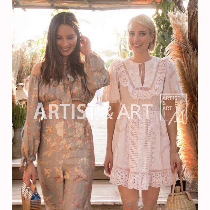 

Svoryxiu Designer Summer Holiday Style Pink Dress Women's Elegant Hollow Out Embroidery Puff Sleeve Sweet Party Mini Dresses