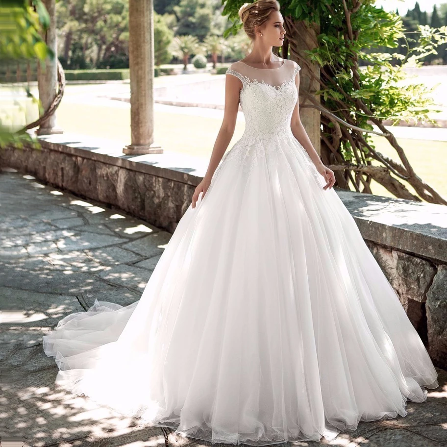 

ADLN Gorgeous Scoop Cap Sleeves Wedding Dresses 2019 Soft Tulle Beaded Vestidos de Novia Princess Bridal Gown Customized