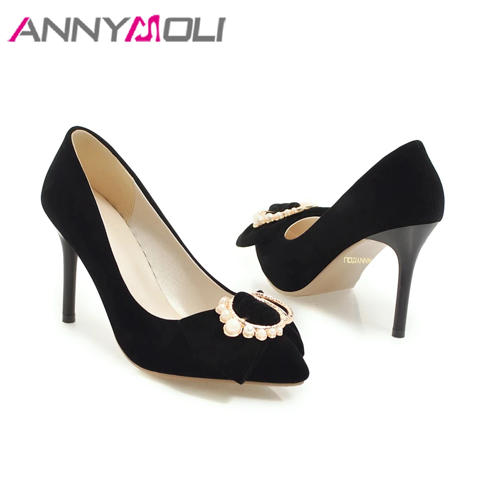 ANNYMOLI Women Pumps High Heels Ladies Party Shoes Bow Pointed Toe Stiletto Female Shoes Crystal Red Black Spring Shoes Size 43
