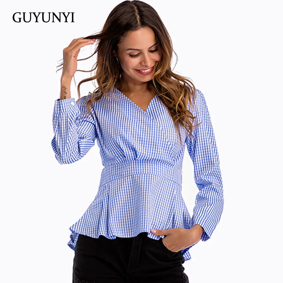 

GUYUNYI Office Lady women blouses Tighten Waist Ruffle V-neck Long Sleeve Vertical Striped Shirt Y276