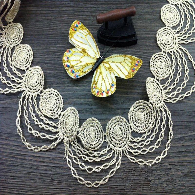 

Gold Venise Lady Dress Sewing Gold Flower Floral Lace Trims Ffor Collar Applique with fringe-MZ