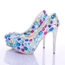 Blue rhinestone bridal shoes women ultra high heels platform shoes round toe shallow mouth performance shoes red sole