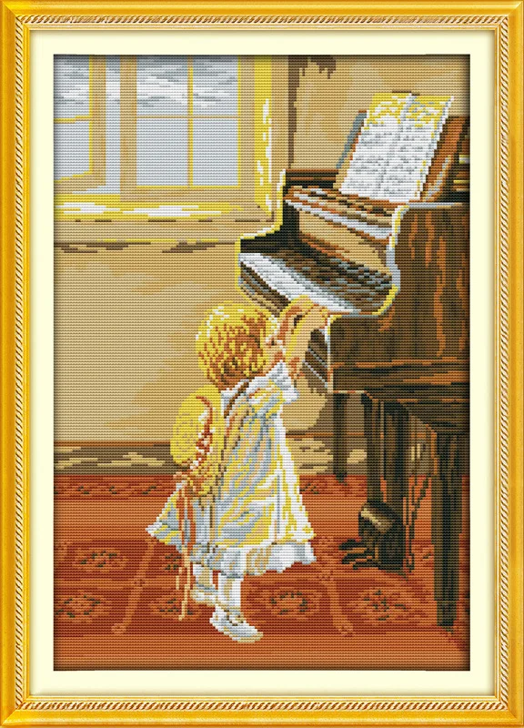 

The little girl play the piano Printed Canvas DMC Counted Cross Stitch Kits printed Cross-stitch set Embroidery Needlework