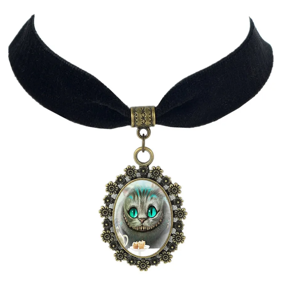 

Alice in Wonderland Black Velvet Choker Necklace Handmade Fashion Cheshire Cat Fairy Tale Jewelry Bronze Pendant Jewelry