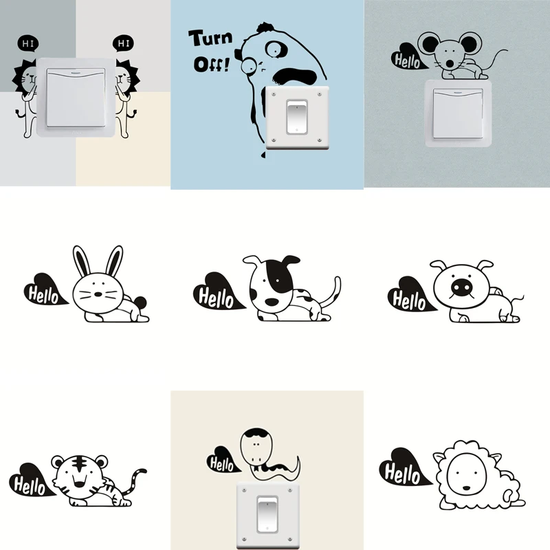 Funny Mouse Lion Dog Hi Hello Switch Wall Stickers For Kids Rooms Parlor Home Decoration Cartoon Animals Switch Vinyl Decals