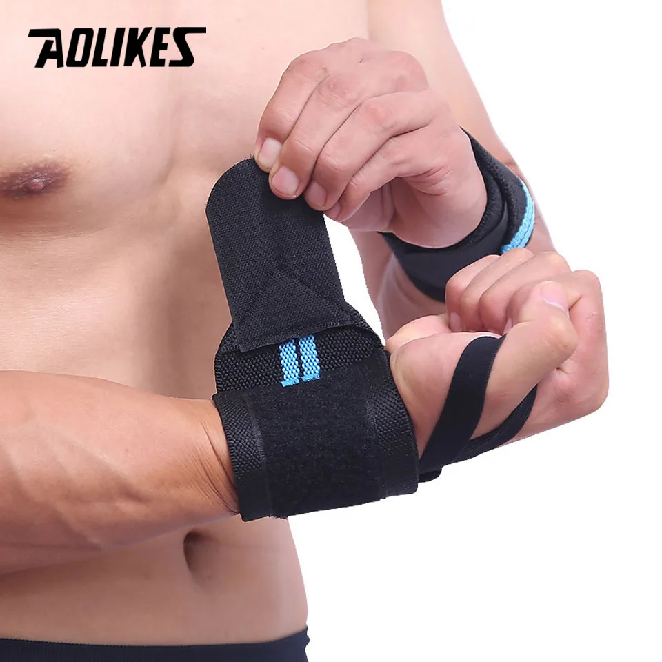 AOLIKES 1 пара Тренажерный зал фитнес тяжелая атлетика нарукавники Powerlifting браслет поддержка эластичные бинты для запястья бандаж повязка - Цвет: Black with Blue