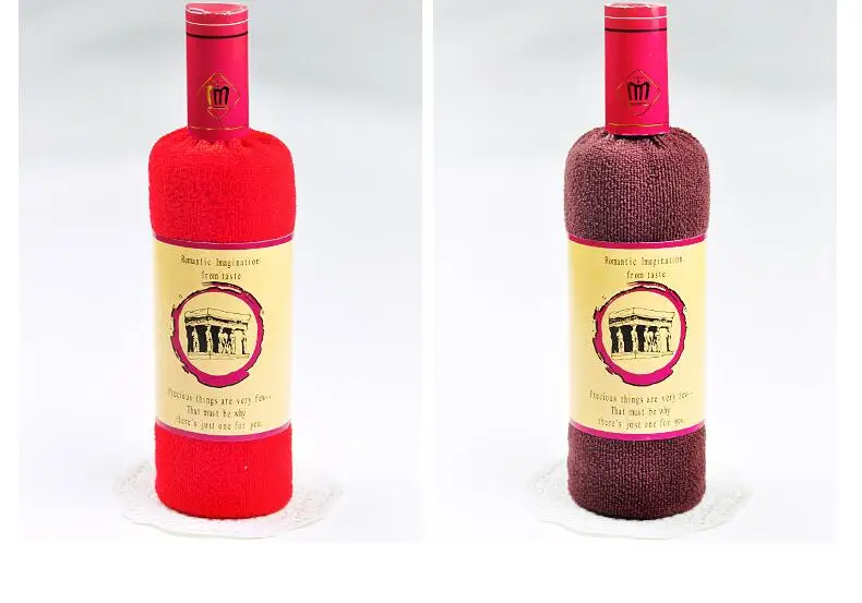 

100PCS/lot!Creative Red Wine Bottle Shape Washcloth Towel Bath Shower Face Soft 100% Cotton Towel Wedding Cake Gift