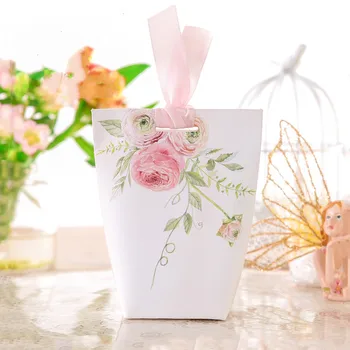 

50pcs Customized Lovely Pink flowers bowknot Wedding Favors Candy Boxes Bomboniere paper Gift Box gift bag Party Chocolate Box