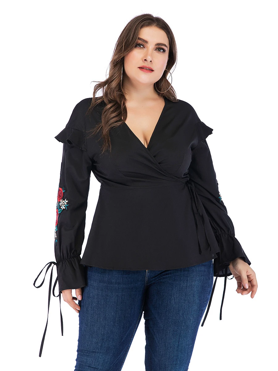 

Women Black Shirt Long Sleeve Floral Printed Embroidery Large Size Deep V-neck Party Lace-up Tops Blouse Shirts