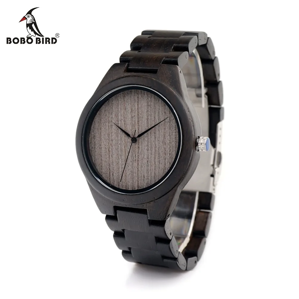 BOBO BIRD L-H06 Ebony Wooden Watches Men Handmade Simple Design Grey Dial without Scale Watches with Wooden Band as Gifts
