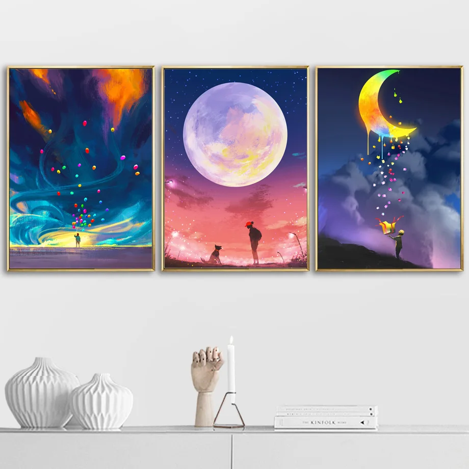 

Moon Sunset Girl Boy Gift Nordic Posters And Prints Wall Art Canvas Painting Cartoon Wall Pictures Kids Painting Picture
