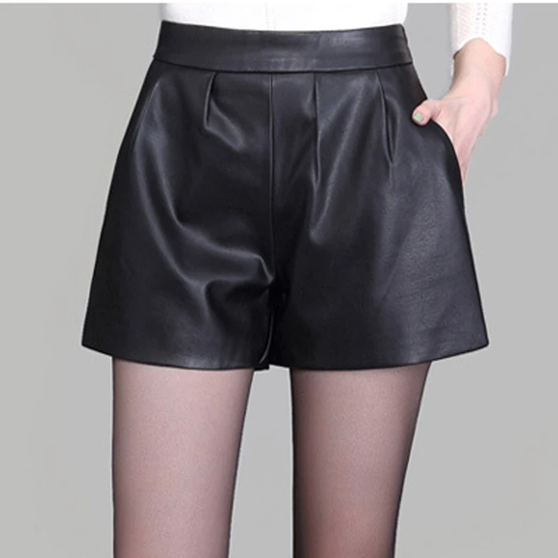 High waist Women Plus size leather shorts 2017 Autumn Fashion PU leathe Mosaic Ladies Skinny Black wide leg super shorts Girls Shorts